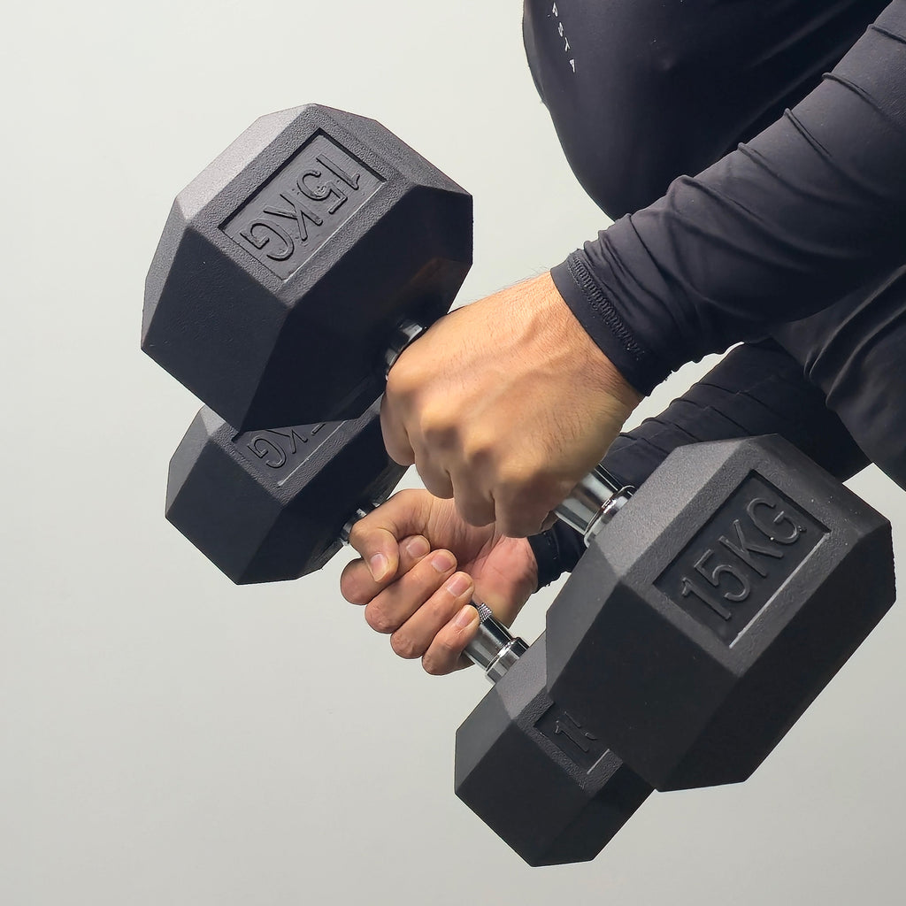 pair of 15kg hex rubber dumbbells