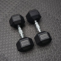 Pair of 10KG rubber dumbbells on a textured gray surface