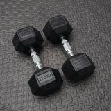 Pair of black 12.5 kg rubber dumbbells on the gym floor
