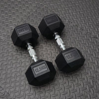 Pair of black 12.5 kg rubber dumbbells on the gym floor
