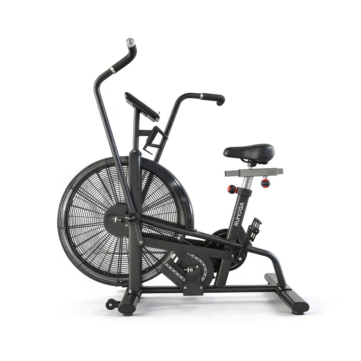 Black exercise bike on a white background