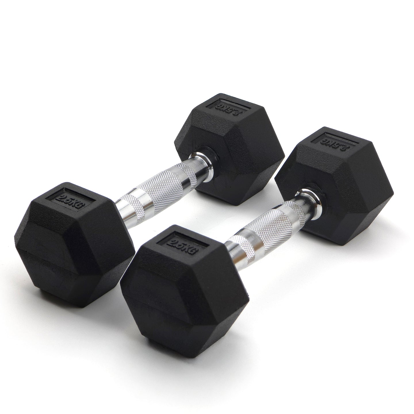 Pair of black hexagonal dumbbells on a white background