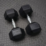 2 x 20kg rubber dumbbells on the textured flooring in the gmy
