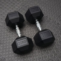 2 x 20kg rubber dumbbells on the textured flooring in the gmy
