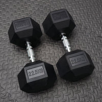 Pair of black dumbbells with '22.5KG' marking on a textured surface