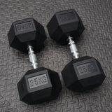 pair of 25kg rubber hex dumbbells on a textured gym flooring