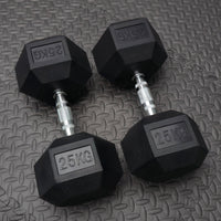 pair of 25kg rubber hex dumbbells on a textured gym flooring