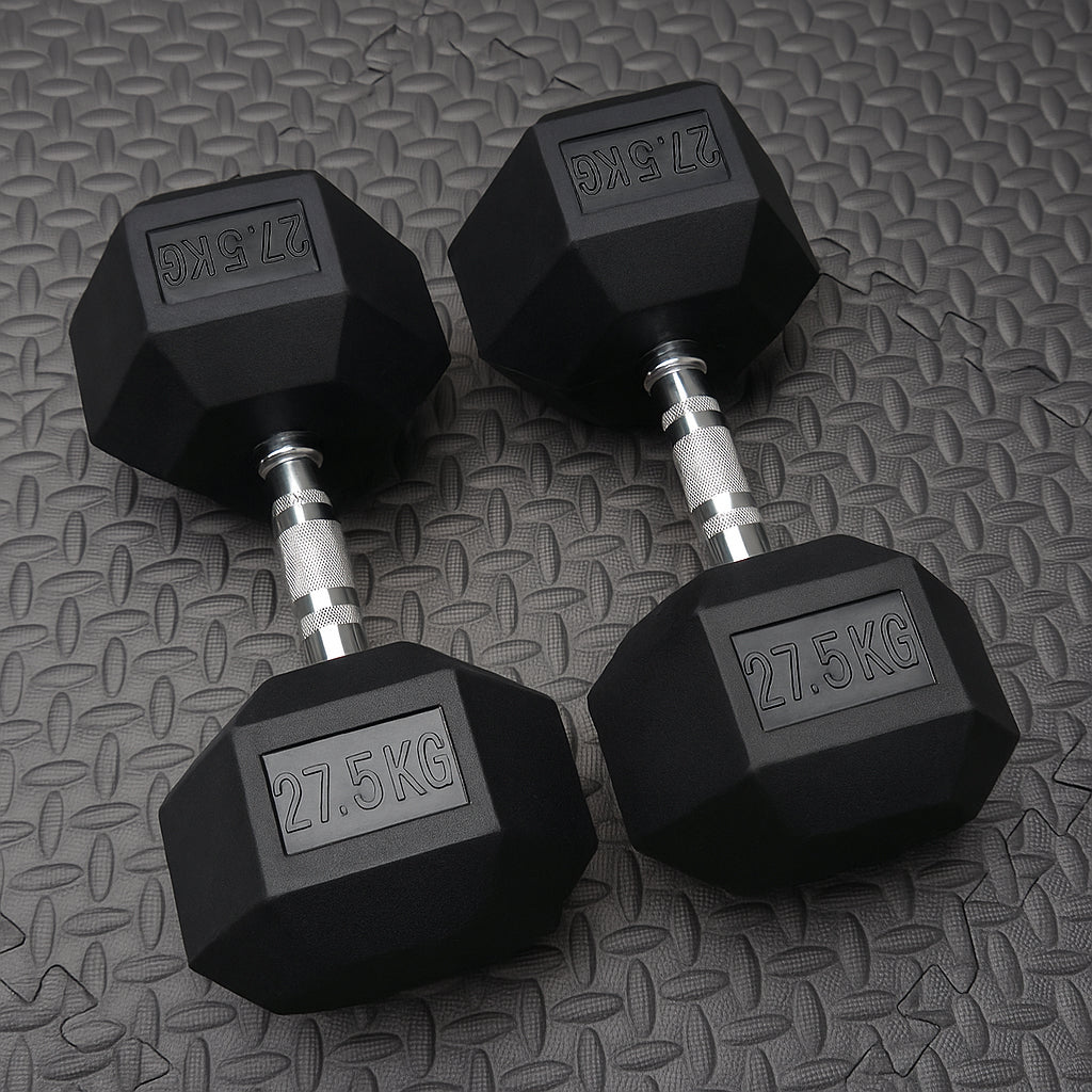 27.5g rubber hex dumbbells in pairs on a textured flooring