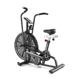 Black exercise bike with fan on a white background