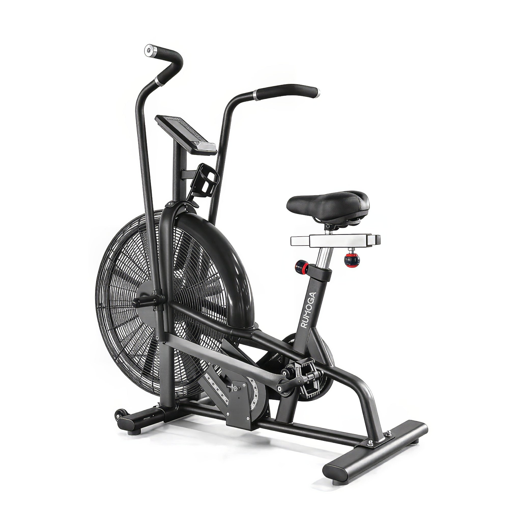 Black exercise bike with fan on a white background
