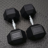 two black 30kg rubber dumbbells on the gym floor