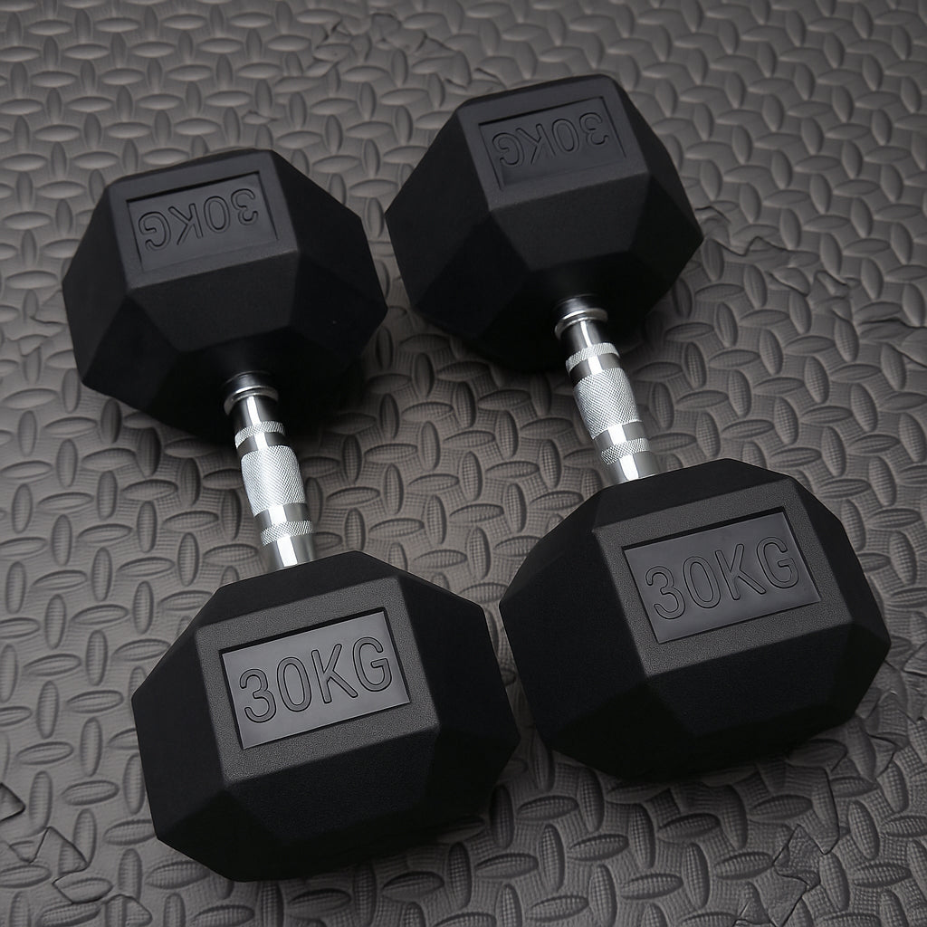 two black 30kg rubber dumbbells on the gym floor