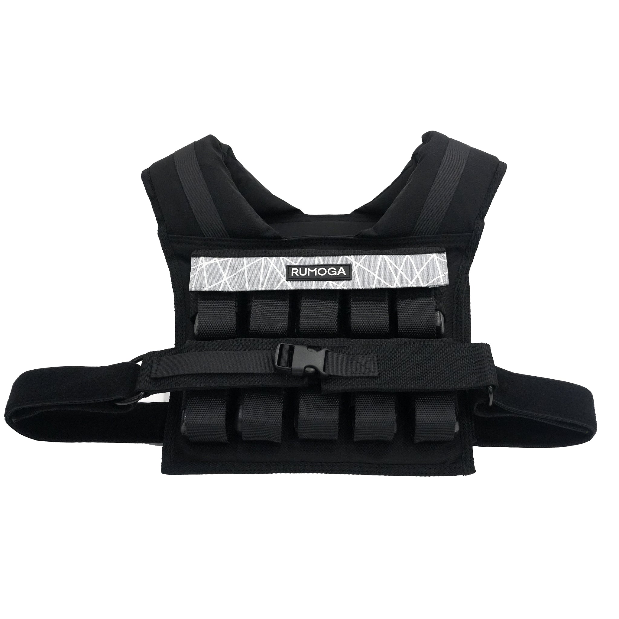 Black weighted vest with 'RUMOGA' branding on a white background