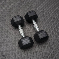 Pair of black rubber dumbbells with '7.5KG' marking on a textured gray surface